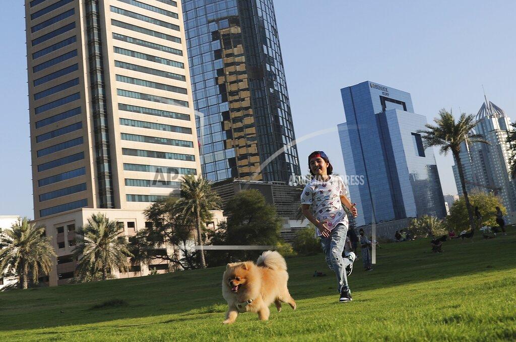 Kamran Jebreili Michelle Rasul chases a friend's dog at a park near her house in Dubai, United Arab Emirates, Sunday, May 9, 2021. Rasul, a 9-year-old girl from Azerbaijan who lives in Dubai, is scratching her way to the top as a DJ after competing in the DMC World DJ Championship. (AP Photo/Kamran Jebreili)