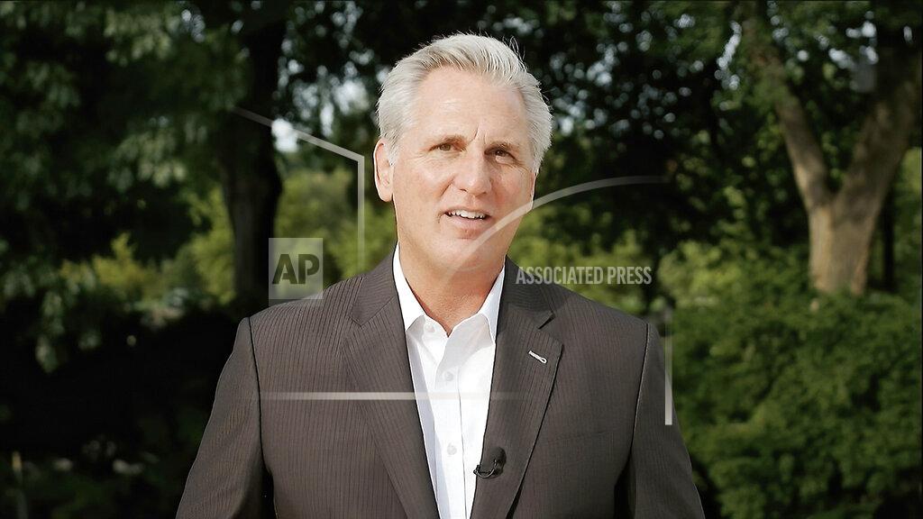 In this image from video, House Minority Leader Kevin McCarthy of Calif., speaks during the fourth night of the Republican National Convention on Thursday, Aug. 27, 2020. (Courtesy of the Committee on Arrangements for the 2020 Republican National Committee via AP)