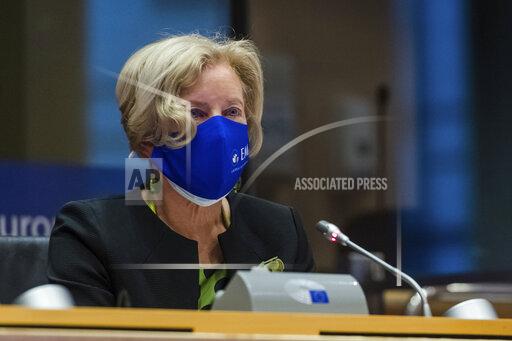 Executive Director of the European Medicines Agency (EMA) Emer Cooke speaks during an Environment, Public Health and Food Safety (ENVI) Committee at the European parliament in Brussels, Tuesday Nov. 30, 2021. Cooke gave an update on the situation around COVID-19 vaccines, including reviews, authorizations for pediatric use and boosters, as well as recent developments in COVID-19 therapeutics and the general epidemiological situation in the EU. (AP Photo/Geert Vanden Wijngaert)