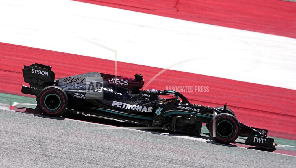 Darko Vojinovic Mercedes driver Lewis Hamilton of Britain steers his car during the third practice at the Red Bull Ring racetrack in Spielberg, Austria, Saturday, June 26, 2021. The Styrian Formula One Grand Prix will be held on Sunday, June 27, 2021. (AP Photo/Darko Vojinovic)