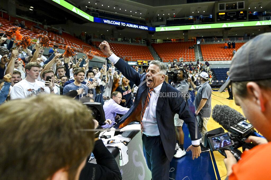 Julie Bennett Auburn head coach Bruce Pearl cheers with the crowd after a win over Georgia Southern in an NCAA college basketball game Tuesday, Nov. 5, 2019, in Auburn, Ala. (AP Photo/Julie Bennett)