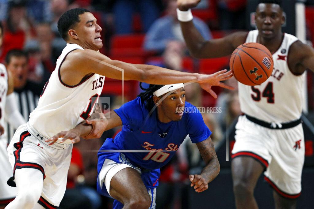 Brad Tollefson Texas Tech's Kevin McCullar (15) steals the ball from Tennessee State's Shakem Johnson (10) during the first half of an NCAA college basketball game Thursday, Nov. 21, 2019, in Lubbock, Texas. (AP Photo/Brad Tollefson)