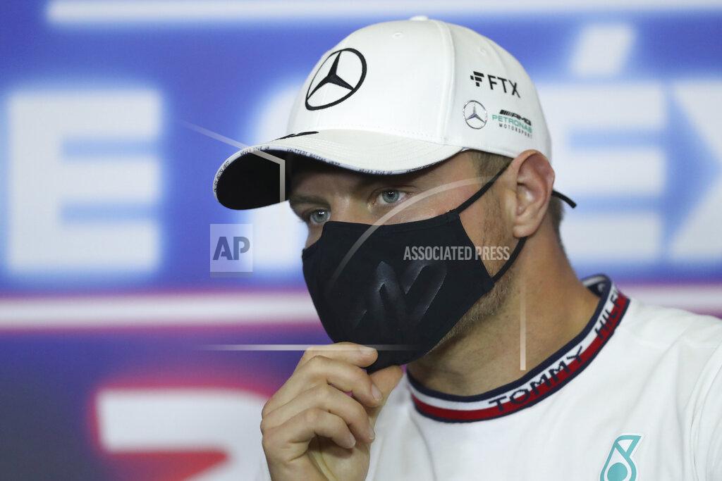 Edgard Garrido Mercedes driver Valtteri Bottas, from Finland, attends a press conference ahead of this weekend's Mexican Grand Prix in Mexico City, Thursday, Nov. 4, 2021. (Edgard Garrido, Pool Photo via AP)