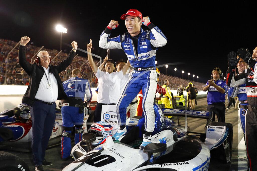 Jeff Roberson Takuma Sato celebrates after winning an IndyCar auto race at World Wide Technology Raceway, Saturday, Aug. 24, 2019, in Madison, Ill. (AP Photo/Jeff Roberson)