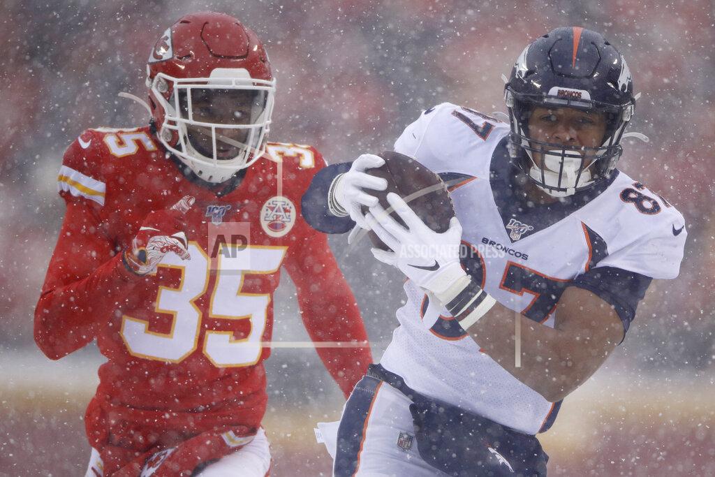 Charlie Riedel Denver Broncos tight end Noah Fant (87) makes a catch in front of Kansas City Chiefs cornerback Charvarius Ward (35) during the first half of an NFL football game in Kansas City, Mo., Sunday, Dec. 15, 2019. (AP Photo/Charlie Riedel)