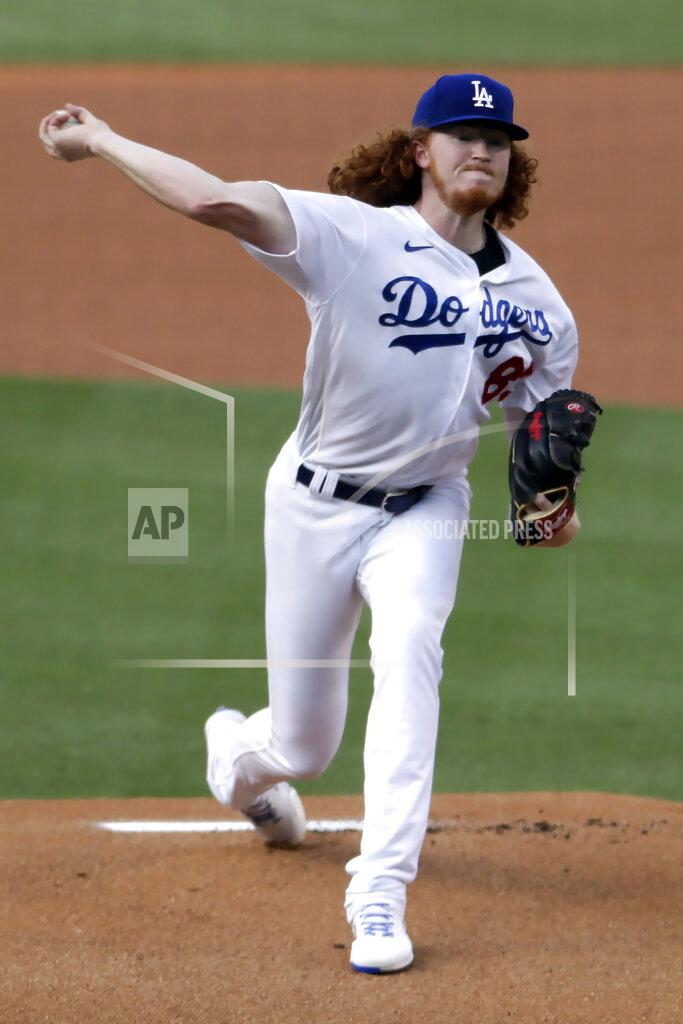 Alex Gallardo Los Angeles Dodgers starting pitcher Dustin May throws to a Colorado Rockies batter during the first inning of a baseball game in Los Angeles, Saturday, Aug. 22, 2020. (AP Photo/Alex Gallardo)