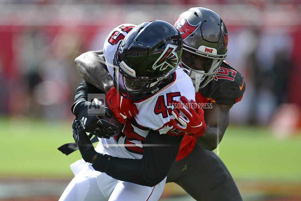 Jason Behnken Atlanta Falcons linebacker Deion Jones (45) is stopped by Tampa Bay Buccaneers wide receiver Breshad Perriman (19) after Jones recovered a fumble by running back Ronald Jones II (27) during the first half of an NFL football game Sunday, Dec. 29, 2019, in Tampa, Fla. (AP Photo/Jason Behnken)