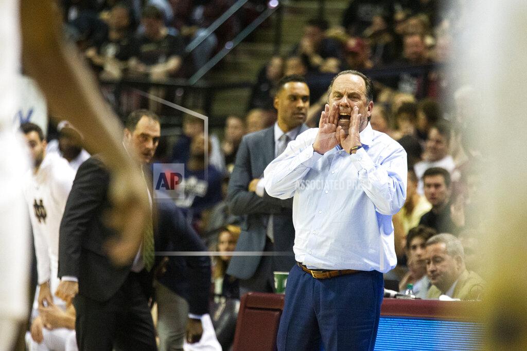 Notre Dame head coach Mike Brey shouts instructions late in the second half of an NCAA college basketball game against Florida State in Tallahassee, Fla., Saturday, Jan. 25, 2020. Florida State defeated Notre Dame 85-84. (AP Photo/Mark Wallheiser)