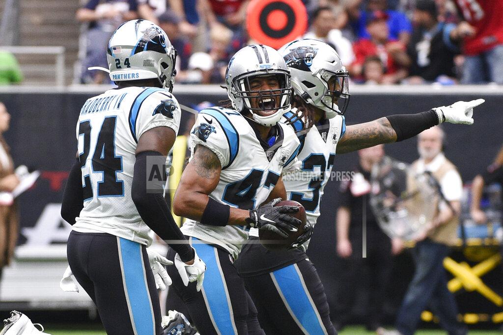Eric Christian Smith Carolina Panthers defensive back Ross Cockrell (47) celebrates his interception against the Houston Texans during the first half of an NFL football game Sunday, Sept. 29, 2019, in Houston. (AP Photo/Eric Christian Smith)