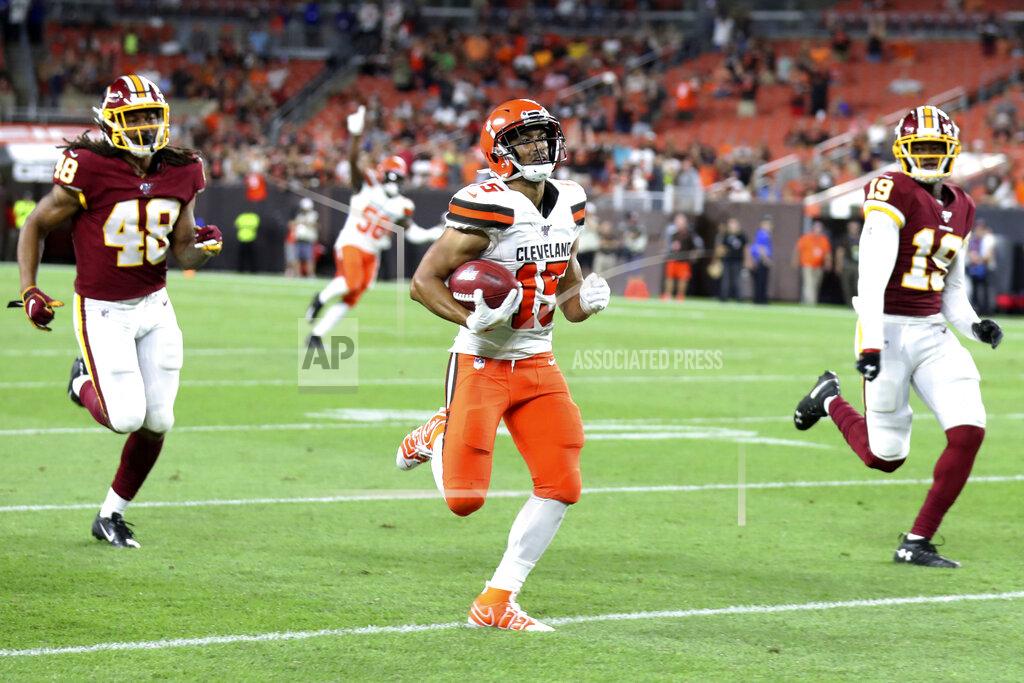 Ron Schwane FILE - In this Aug. 8, 2019, file photo, Cleveland Browns' Damon Sheehy-Guiseppi (15) runs 86-yards for a touchdown on a punt return during the second half of the team's NFL preseason football game against the Washington Redskins, in Cleveland. “I just saw the hole,” he said afterward surrounded by reporters. “I ran as fast as I could to the hole and tried to take off.” (AP Photo/Ron Schwane)