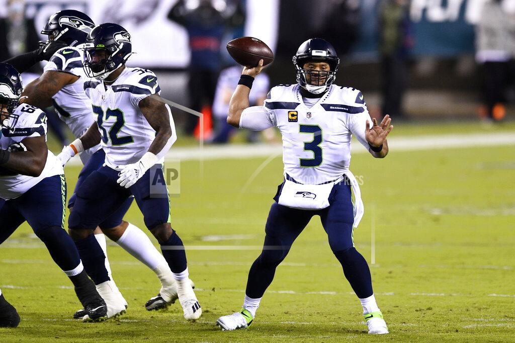 Derik Hamilton Seattle Seahawks' Russell Wilson passes during the first half of an NFL football game against the Philadelphia Eagles, Monday, Nov. 30, 2020, in Philadelphia. (AP Photo/Derik Hamilton)