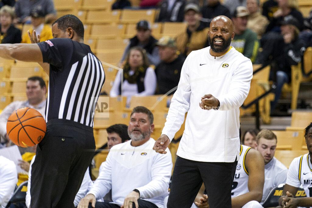 L.g. Patterson Missouri head coach Cuonzo Martin talks to his team during a break in the first half of an NCAA college basketball game against Paul Quinn Monday, Nov. 29, 2021, in Columbia, Mo. Missouri won 91-59. (AP Photo/L.G. Patterson)