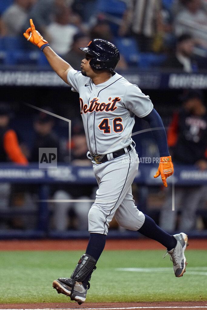 Chris O'MEara Detroit Tigers' Jeimer Candelario celebrates after his solo home run off Tampa Bay Rays starting pitcher Shane McClanahan during the fifth inning of a baseball game Tuesday, May 17, 2022, in St. Petersburg, Fla. (AP Photo/Chris O'Meara)