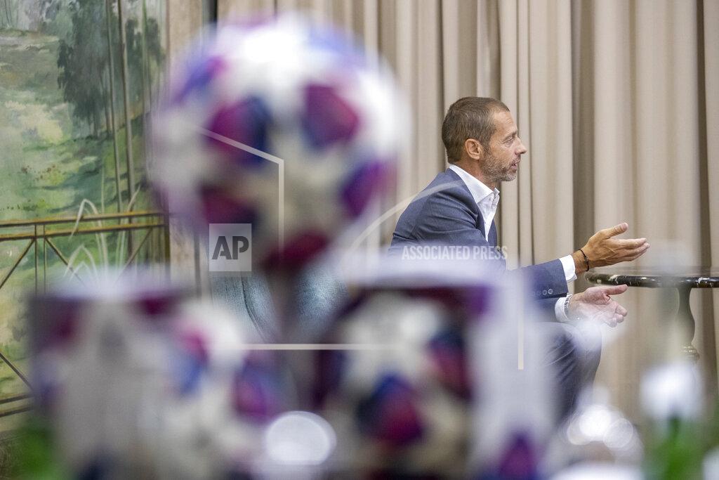 Manu Fernandez UEFA President Aleksander Ceferin speaks during an interview with The Associated Press in Lisbon, Portugal, Sunday, Aug. 23, 2020. Ceferin stressed he would consult widely before pushing for any permanent changes to the format, but said many people were “extremely excited” by the final eight format adopted because of the coronavirus pandemic. (AP Photo/Manu Fernandez)
