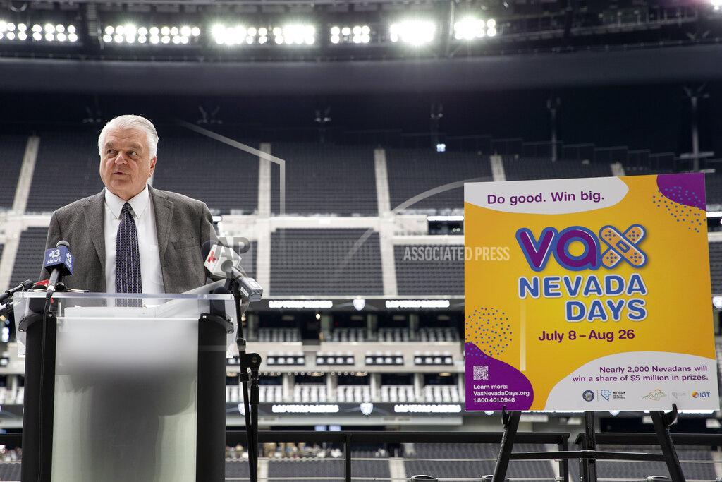 Ellen Schmidt Gov. Steve Sisolak announces a COVID-19 vaccine incentive program, "Vax Nevada Days," in the Twitch Lounge at Allegiant Stadium on Thursday, June 17, 2021, in Las Vegas. The program will automatically enter Nevadans who have had at least one dose of the COVID-19 vaccine into a weekly drawing that offers $5 million in cash and prizes, including a $1 million grand prize. (Ellen Schmidt/Las Vegas Review-Journal via AP)