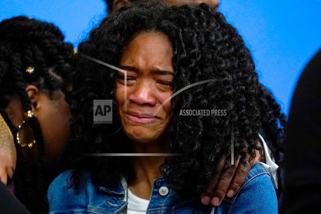 Matt Rourke Lauren Gibson, a great granddaughter of Ruth Whitfield, a victim of shooting at a supermarket, is overwhelmed with emotion during a news conference in Buffalo, N.Y., Monday, May 16, 2022. (AP Photo/Matt Rourke)