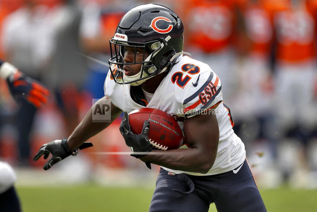 David Zalubowski Chicago Bears running back Tarik Cohen (29) runs the ball against the Denver Broncos during the first half of an NFL football game, Sunday, Sept. 15, 2019, in Denver. (AP Photo/David Zalubowski)