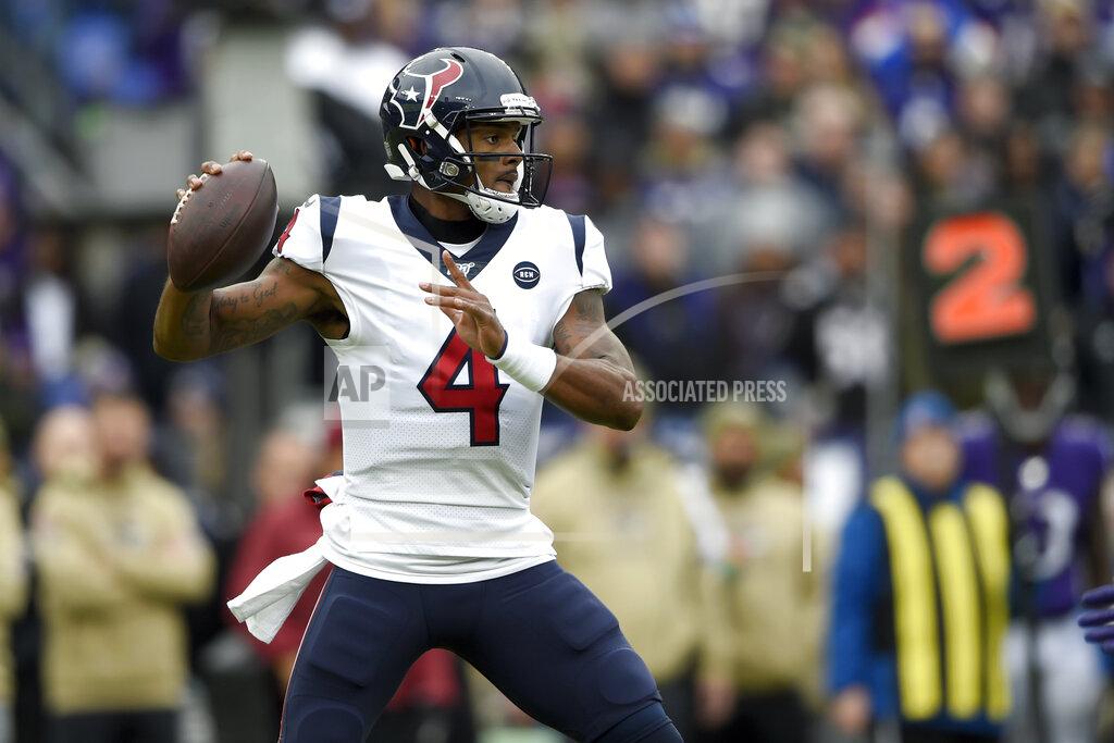 Gail Burton Houston Texans quarterback Deshaun Watson throws a pass against the Baltimore Ravens during the first half of an NFL football game, Sunday, Nov. 17, 2019, in Baltimore. (AP Photo/Gail Burton)