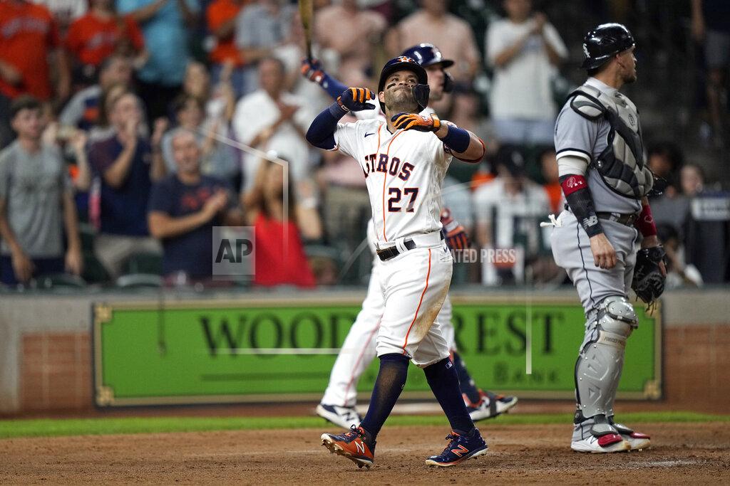 David J. Phillip Houston Astros' Jose Altuve (27) celebrates after hitting a home run against the Chicago White Sox during the sixth inning of a baseball game Thursday, June 17, 2021, in Houston. (AP Photo/David J. Phillip)