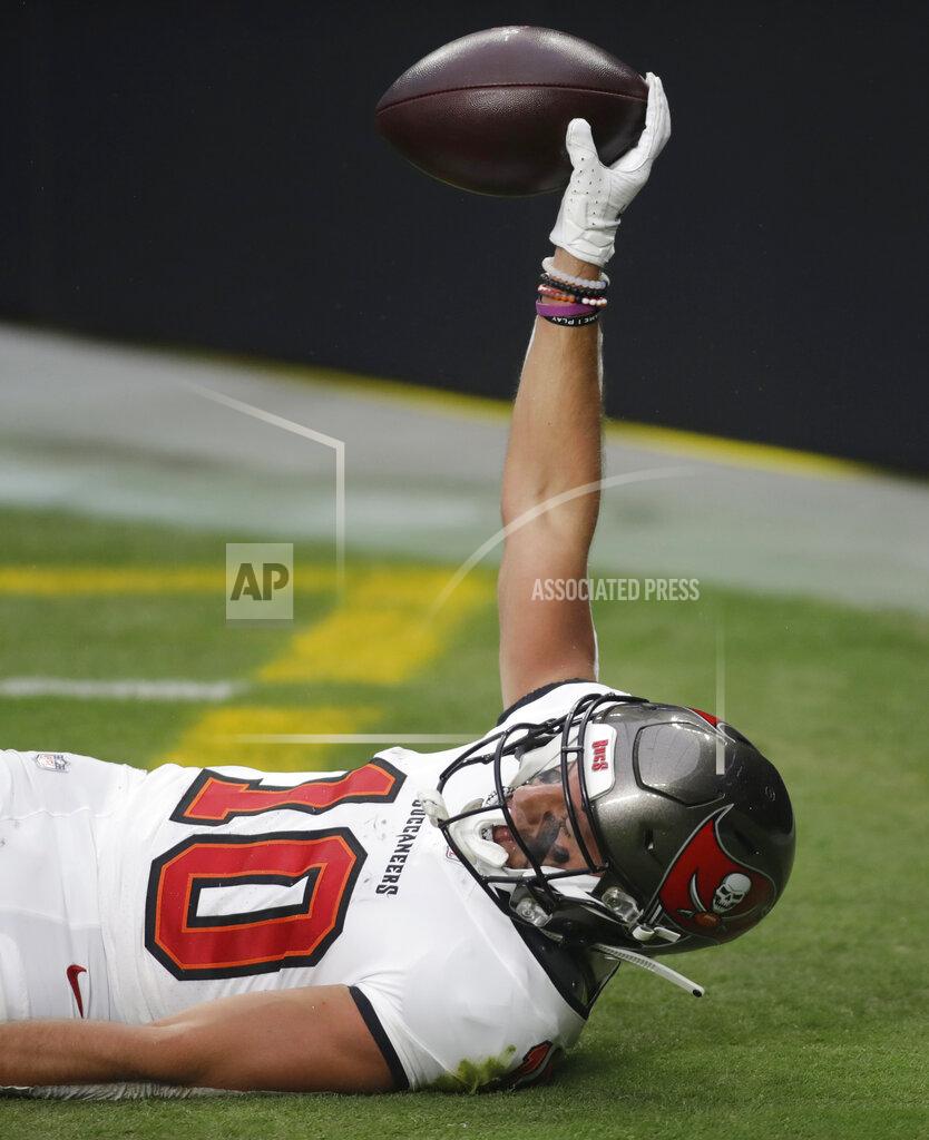 Isaac Brekken Tampa Bay Buccaneers wide receiver Scott Miller (10) celebrates after making a touchdown catch against the Las Vegas Raiders during the first half of an NFL football game, Sunday, Oct. 25, 2020, in Las Vegas. (AP Photo/Isaac Brekken)