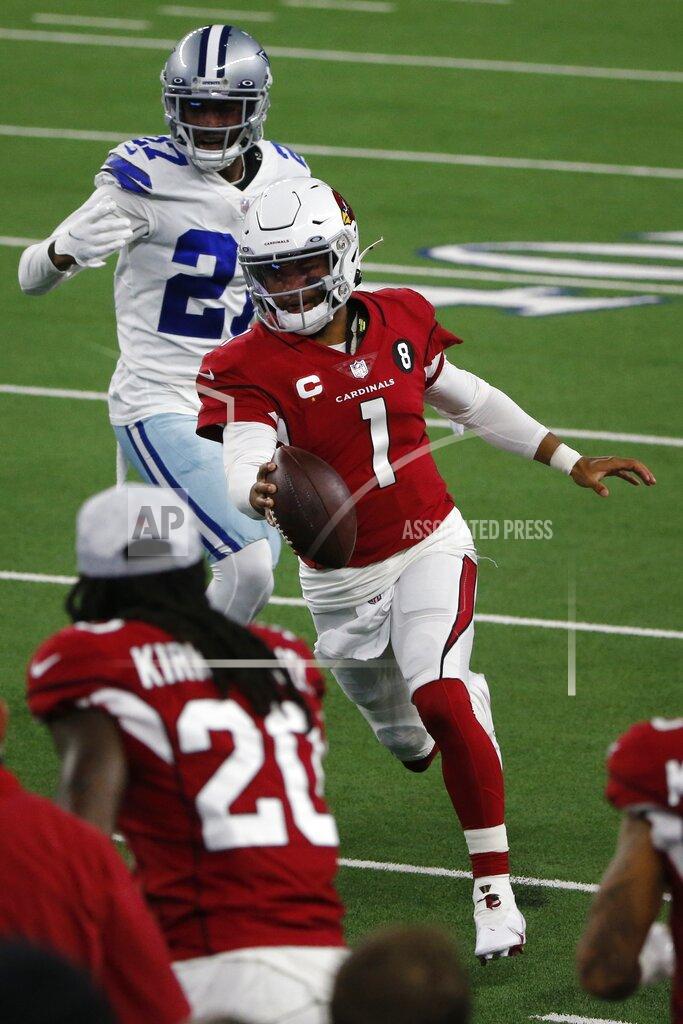 Michael Ainsworth Arizona Cardinals' Kyler Murray (1) heads to the sideline as he carries the ball under pressure from Dallas Cowboys cornerback Trevon Diggs (27) in the first half of an NFL football game in Arlington, Texas, Monday, Oct. 19, 2020. (AP Photo/Michael Ainsworth)