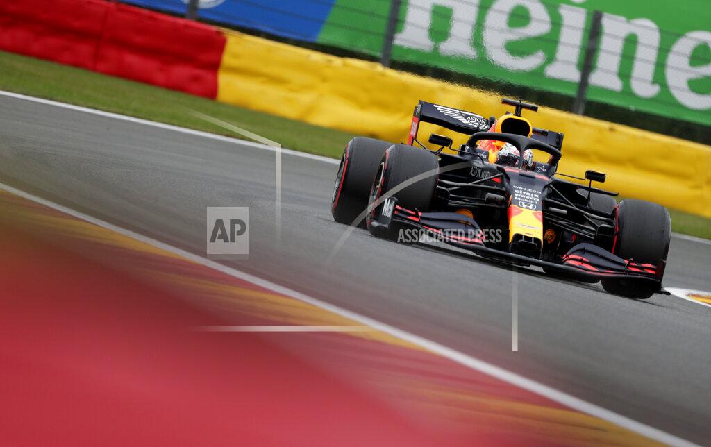 Stephanie Lecocq Red Bull driver Max Verstappen of the Netherlands steers his car during the first practice session prior to the Formula One Grand Prix at the Spa-Francorchamps racetrack in Spa, Belgium Friday, Aug. 28, 2020. (Stephanie Lecocq, Pool via AP)