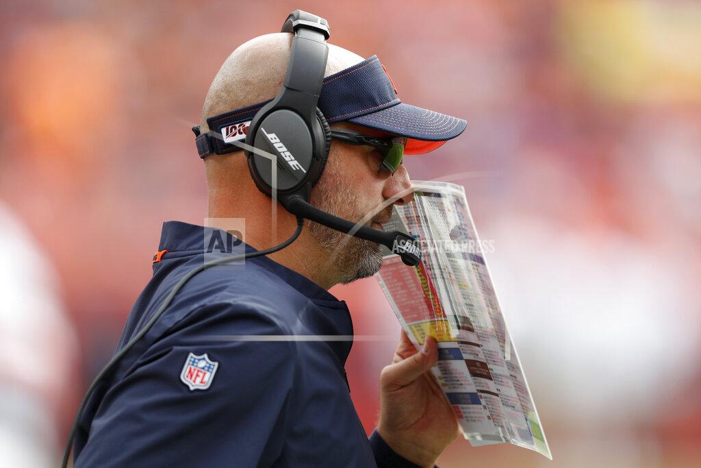 David Zalubowski Chicago Bears head coach Matt Nagy makes a call against the Denver Broncos during the first half of an NFL football game, Sunday, Sept. 15, 2019, in Denver. (AP Photo/David Zalubowski)