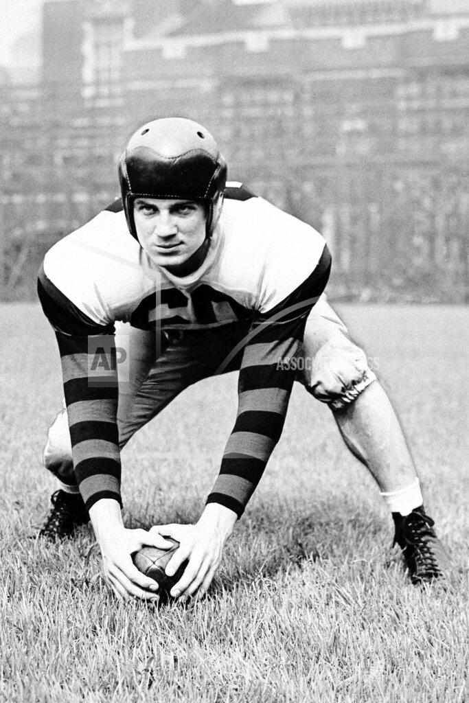 Uncredited FILE - In this Oct. 27, 1946, file photo, Chuck Bednarik, All-America center at the University of Pennsylvania is shown. Concrete Charlie was the No. 1 overall pick in the 1949 NFL draft and is the league’s last full-time two-way player. (AP Photo/File)