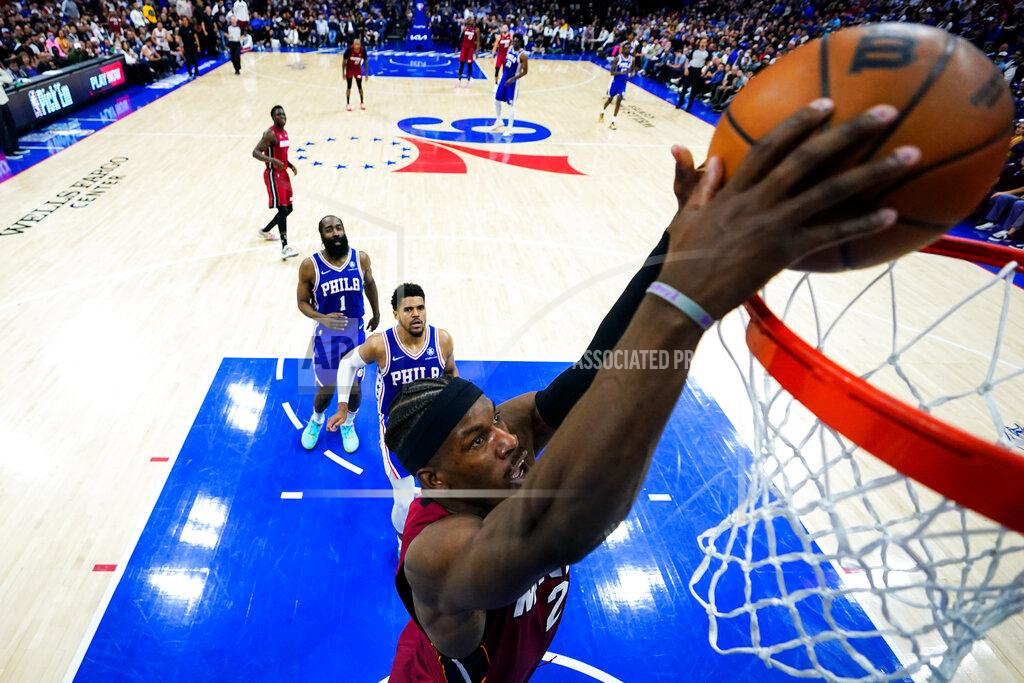 Matt Slocum Miami Heat's Jimmy Butler dunks against the Philadelphia 76ers during the second half of Game 6 of an NBA basketball second-round playoff series, Thursday, May 12, 2022, in Philadelphia. (AP Photo/Matt Slocum)
