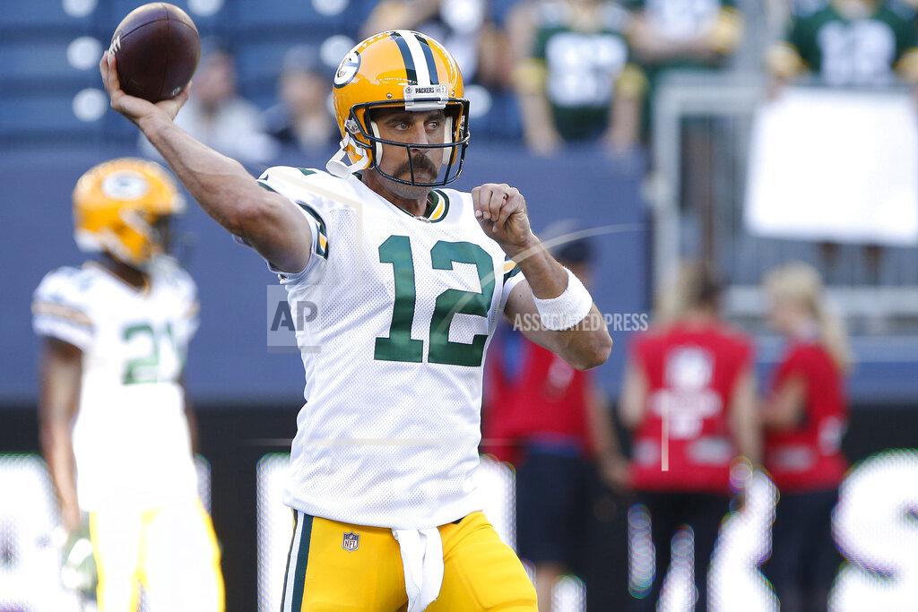 John Woods Green Bay Packers quarterback Aaron Rodgers warms up for the team's NFL preseason football game against the Oakland Raiders on Thursday, Aug. 22, 2019, in Winnipeg, Manitoba. (John Woods/The Canadian Press via AP)