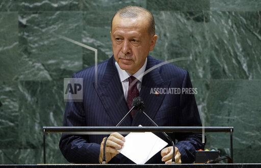 Turkish President Recep Tayyip Erdogan addresses the 76th Session of the United Nations General Assembly, Tuesday, Sept. 21, 2021 at U.N. headquarters. (Eduardo Munoz/Pool Photo via AP)