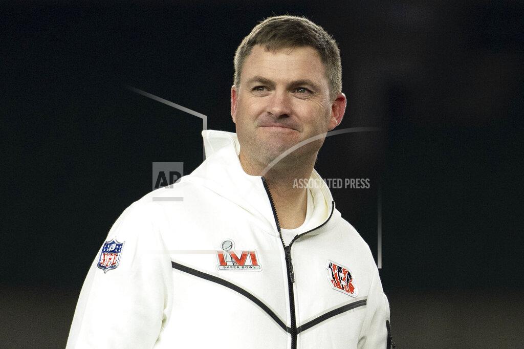 Jeff Dean Cincinnati Bengals head coach Zac Taylor stands on stage during the Super Bowl LVI Opening Night Fan Rally, Monday, Feb. 7, 2022, in Cincinnati. (AP Photo/Jeff Dean)