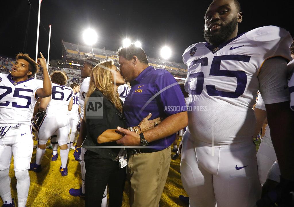 Tyler Kaufman LSU head coach Ed Orgeron and his wife Kelly celebrate a victory after an NCAA college football game against Mississippi State in Baton Rouge, La., Saturday, Oct. 20, 2018. LSU won 19-3. (AP Photo/Tyler Kaufman)
