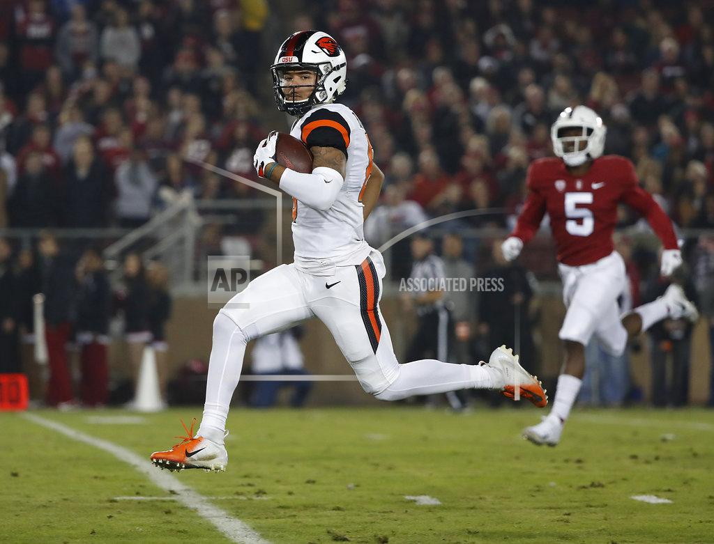 Tony Avelar Oregon State wide receiver Trevon Bradford (8) runs for a touchdown against Stanford in the first half during an NCAA college football game on Saturday, Nov. 10, 2018, in Stanford, Calif. (AP Photo/Tony Avelar)