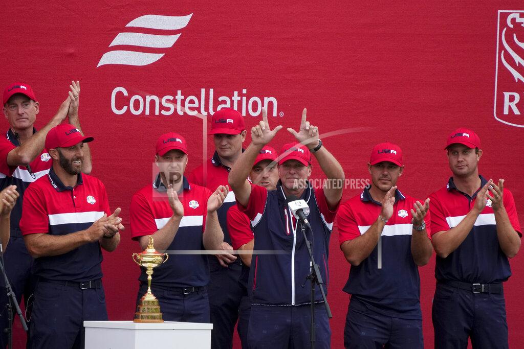Charlie Neibergall Team USA captain Steve Stricker holds up a "W" for Wisconsin at the closing ceremony after the Ryder Cup matches at the Whistling Straits Golf Course Sunday, Sept. 26, 2021, in Sheboygan, Wis. (AP Photo/Charlie Neibergall)