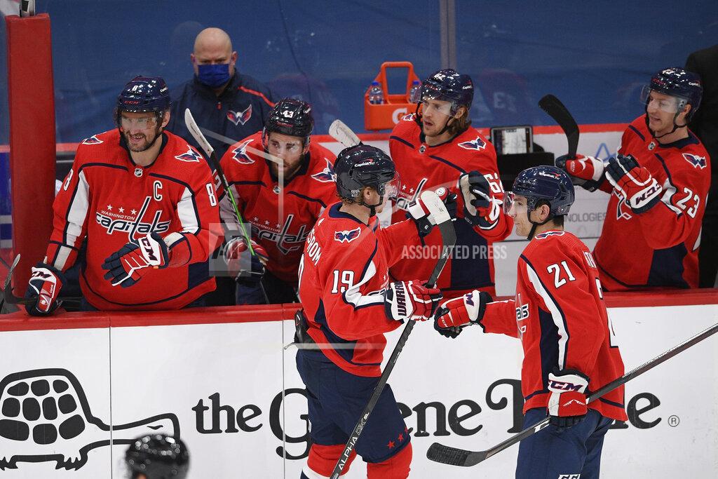 Nick Wass Washington Capitals center Nicklas Backstrom (19), of Sweden, celebrates his goal with the bench during the first period of an NHL hockey game against the Boston Bruins, Saturday, Jan. 30, 2021, in Washington. (AP Photo/Nick Wass)