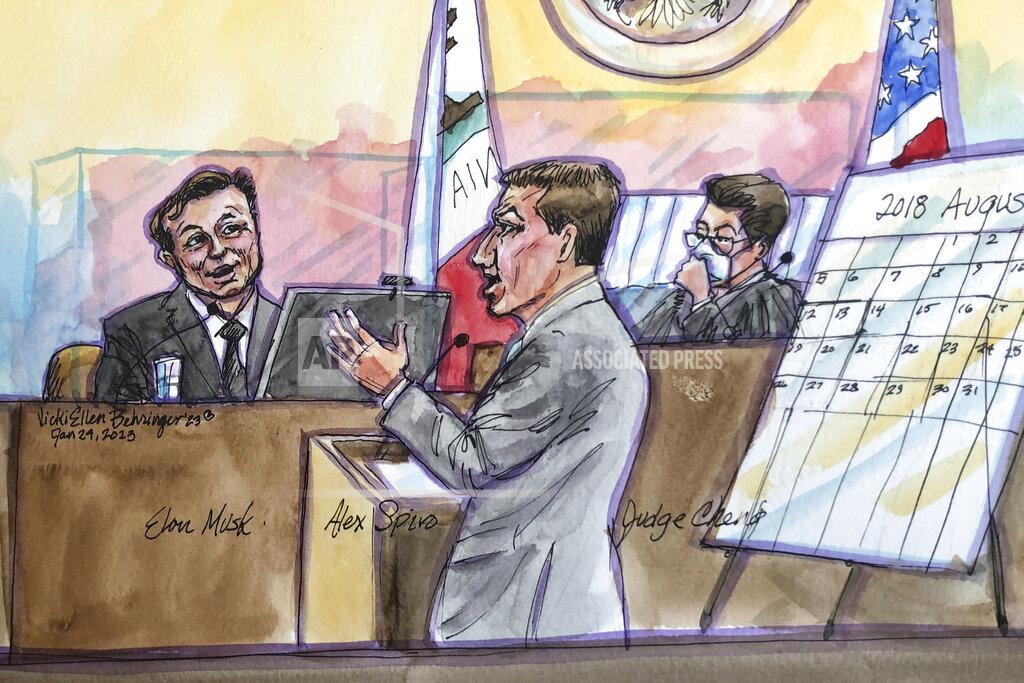 Vicki Behringer In this courtroom sketch is Elon Musk, left, with his lawyer Alex Spiro. testifies in federal court as U.S. District Judge Edward Chen, right, presides, Tuesday, Jan. 24, 2023, in San Francisco. Musk returned to the stand for a third day Tuesday in a class-action lawsuit brought by Tesla investors who allege he misled them with a tweet about a deal that never happened, testifying that his intent had been to let his shareholders know he was considering a buyout. (Vicki Behringer via AP)