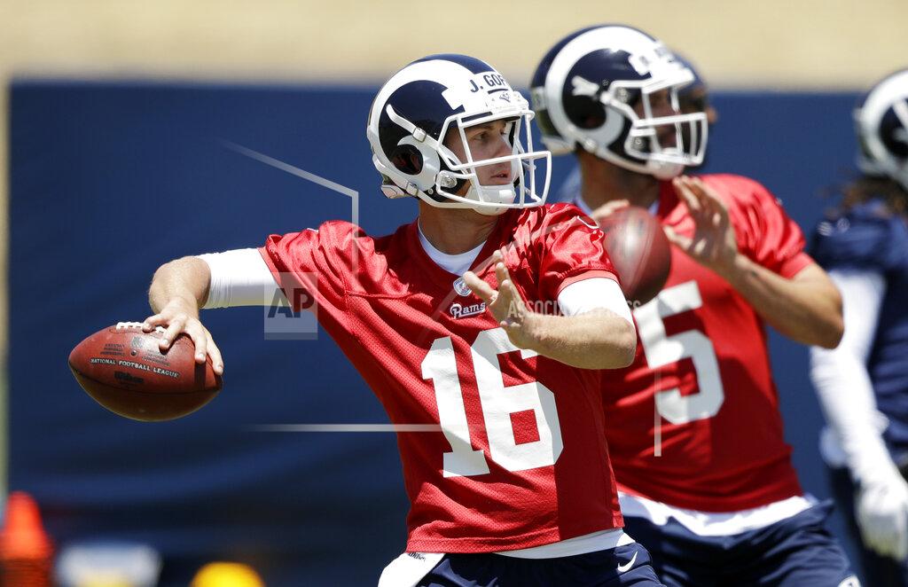 Marcio Jose Sanchez Los Angeles Rams quarterbacks Jared Goff (16) and Blake Bortles (5) go through drills during an NFL football training camp Tuesday, May 28, 2019, in Thousand Oaks, Calif. (AP Photo/Marcio Jose Sanchez)