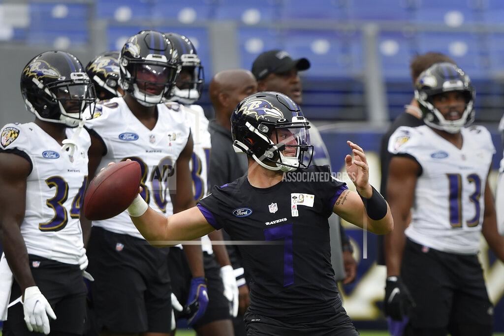 Gail Burton Baltimore Ravens quarterback Trace McSorley throws during NFL football training camp Saturday, July 31, 2021, in Baltimore. (AP Photo/Gail Burton)