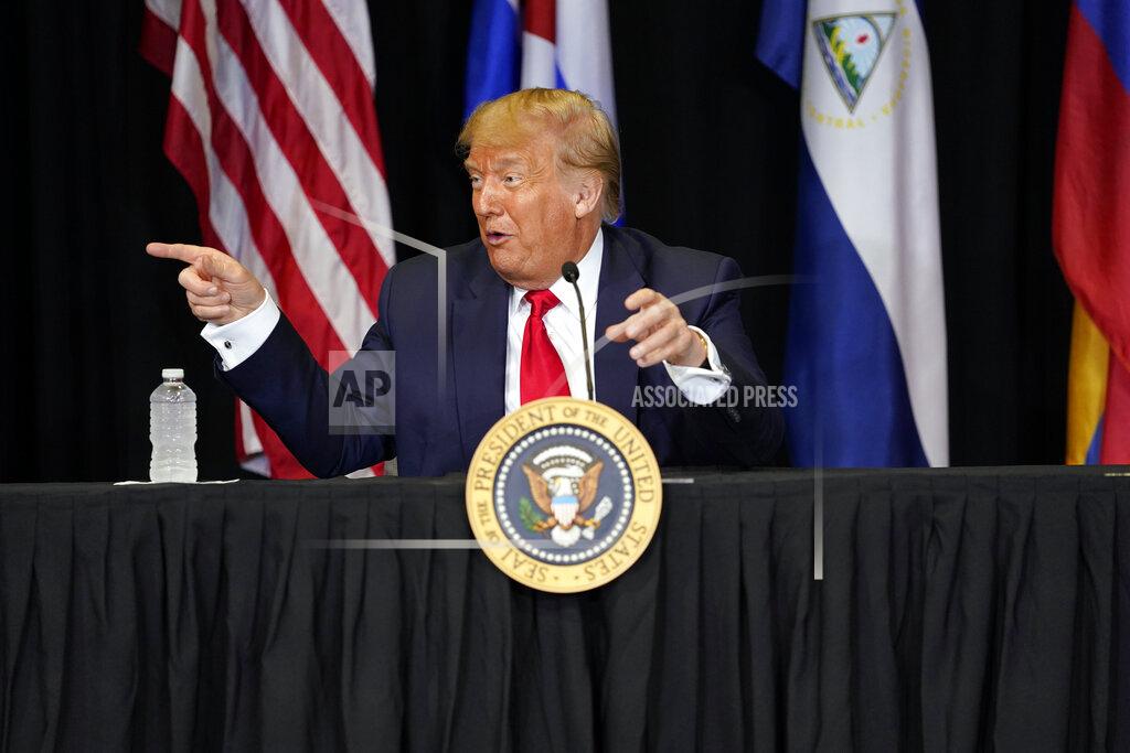 Evan Vucci President Donald Trump speaks during a roundtable on Venezuela at Iglesia Doral Jesus Worship Center, Friday, July 10, 2020, in Doral, Fla. (AP Photo/Evan Vucci)
