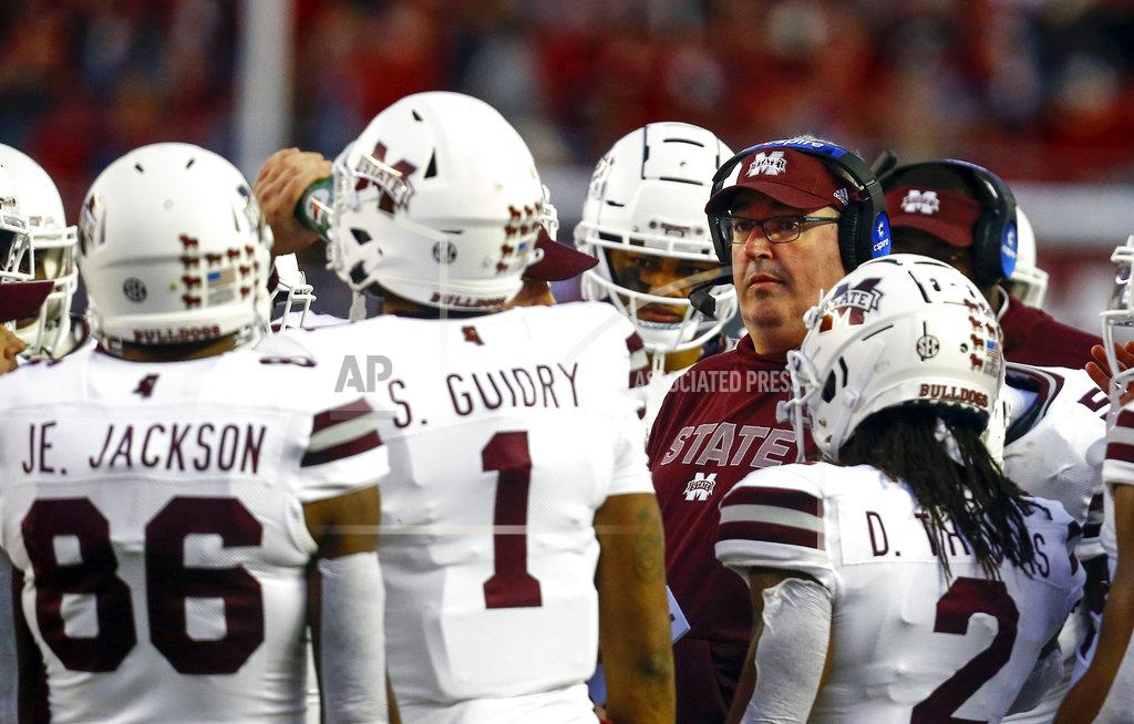 Butch Dill Mississippi State head coach Joe Moorhead talks with players in a timeout during the second half of an NCAA college football game against Alabama, Saturday, Nov. 10, 2018, in Tuscaloosa, Ala. (AP Photo/Butch Dill)