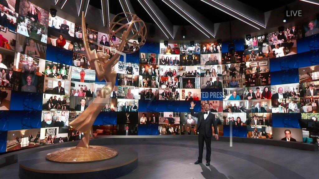 Uncredited This image released by the Television Academy shows host Jimmy Kimmel during the 72nd Emmy Awards telecast on Sept. 20, 2020 (Invision for the Television Academy via AP)