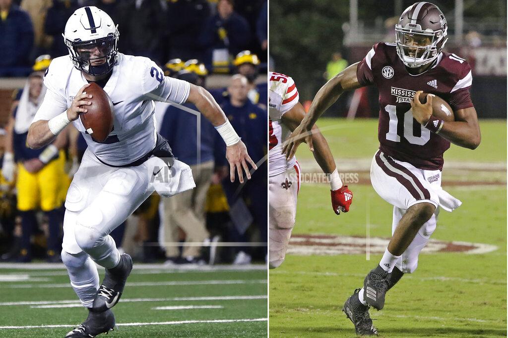 FILE - At left, in a Nov. 3, 2018, file photo, then-Penn State quarterback Tommy Stevens (2) runs against Michigan in the second half of an NCAA college football game in Ann Arbor, Mich. At right, in a Sept. 15, 2018, file photo, Mississippi State quarterback Keytaon Thompson (10) sprints to the end zone for a touchdown against Louisiana-Lafayette during the second half of their NCAA college football game in Starkville, Miss. The main story of Mississippi State’s preseason camp isn’t hard to find. It’s a two-man quarterback competition between last year’s backup Keytaon Thompson and Penn State transfer Tommy Stevens. The winner will be expected to improve the Bulldogs’ passing offense, which was inconsistent on good days and downright awful on the bad ones last season. (AP Photo/File)