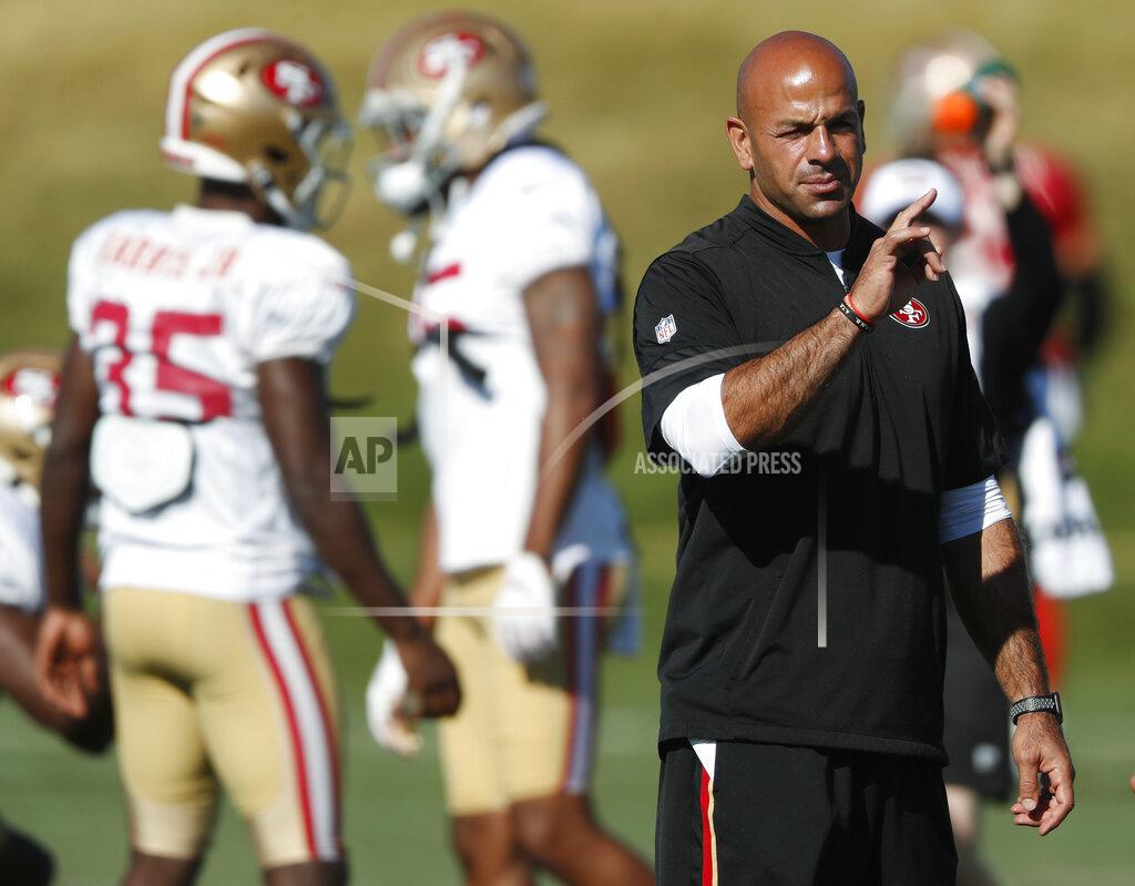 David Zalubowski FILE - In this Aug. 17, 2019 file photo, San Francisco 49ers defensive coordinator Robert Saleh directs players during a combined NFL training camp with the Denver Broncos at the Broncos' headquarters in Englewood, Colo. The Cleveland Browns are meeting with Saleh about their coaching job. Saleh's defense dominated Cleveland in a game this season. Browns owner Jimmy Haslam and members of the team's search committee will interview Saleh on Saturday, Jan. 4, 2020.(AP Photo/David Zalubowski, File)