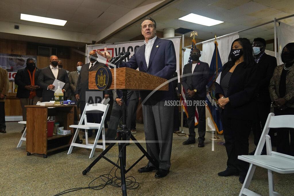 Seth Wenig New York Governor Andrew Cuomo speaks before getting vaccinated at a church in the Harlem section of New York, Wednesday, March 17, 2021. (AP Photo/Seth Wenig, Pool)