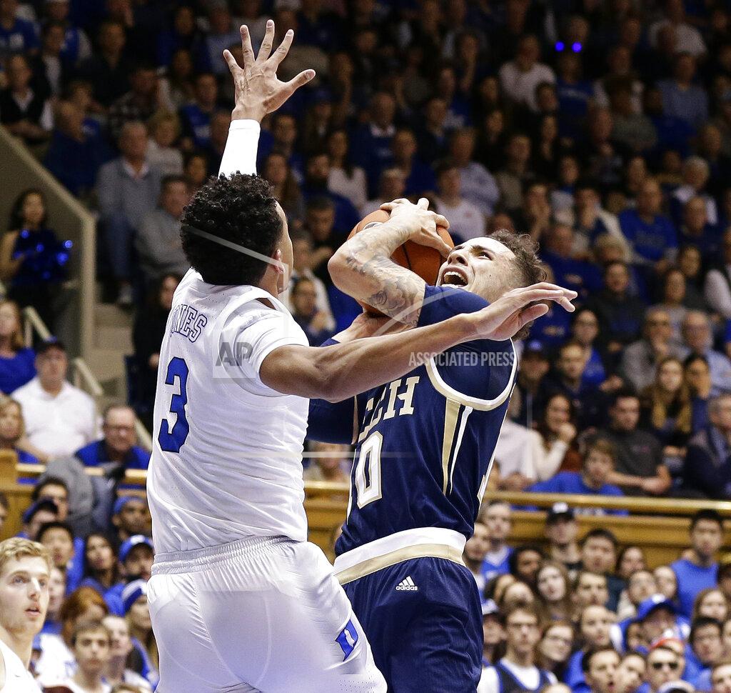 Gerry Broome Duke's Tre Jones (3) guards Georgia Tech's Jose Alvarado (10) during the first half of an NCAA college basketball game in Durham, N.C., Saturday, Jan. 26, 2019. (AP Photo/Gerry Broome)