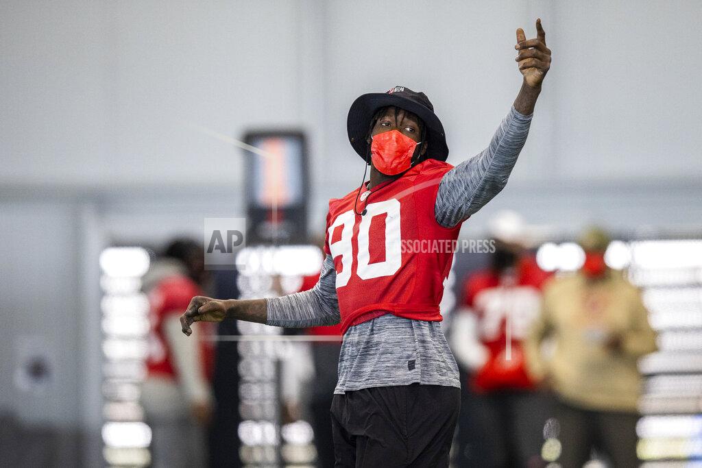Tori Richman Tampa Bay Buccaneers outside linebacker Jason Pierre-Paul during NFL football practice, Tuesday, Feb. 2, 2021 in Tampa, Fla. The Buccaneers will face the Kansas City Chiefs in Super Bowl 55. (Tori Richman/Tampa Bay Buccaneers via AP)