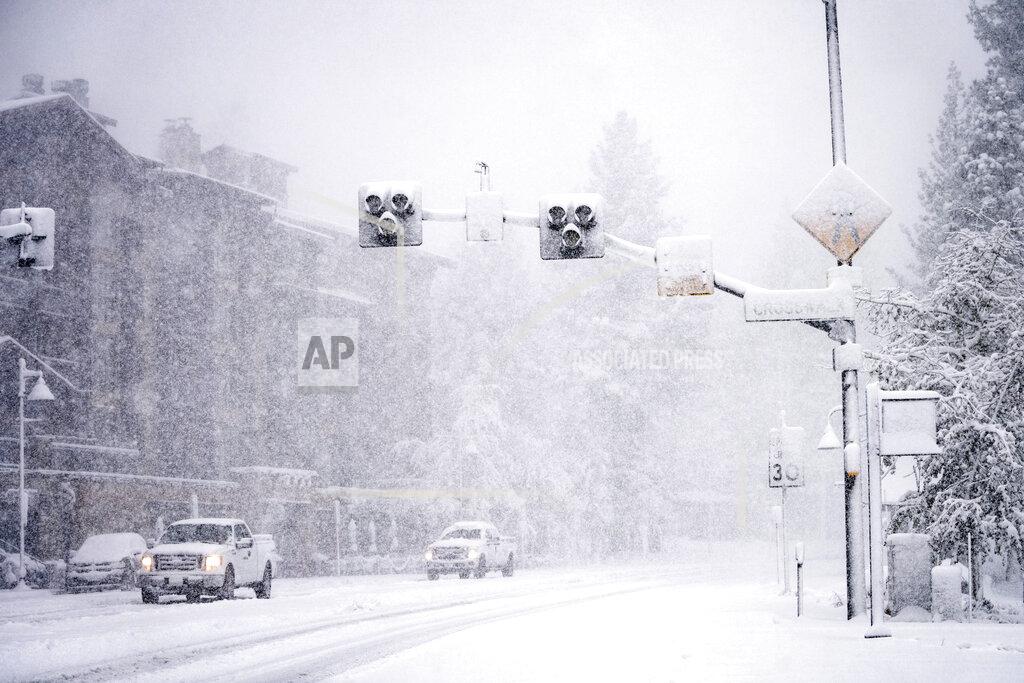 Christian Pondella In this photo provided by Mammoth Mountain Ski Area, snow falls on Mammoth Mountain, Monday, Oct. 25, 2021, in Mammoth Lakes, Calif. (Christian Pondella/Mammoth Mountain Ski Area via AP)