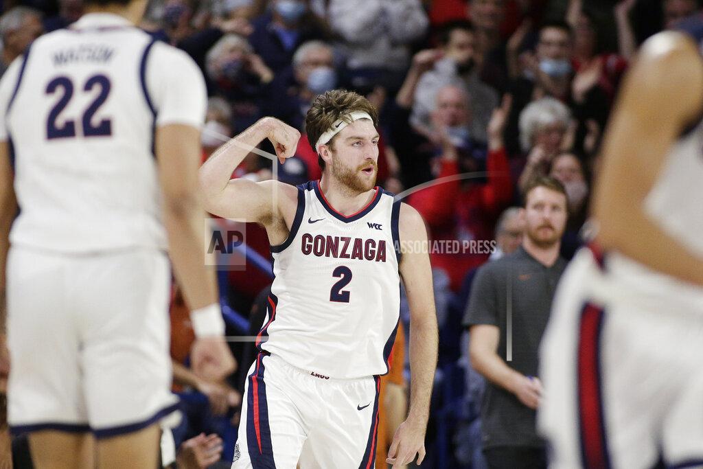 Young Kwak Gonzaga forward Drew Timme (2) celebrates his basket against Texas during the first half of an NCAA college basketball game Saturday, Nov. 13, 2021, in Spokane, Wash. (AP Photo/Young Kwak)