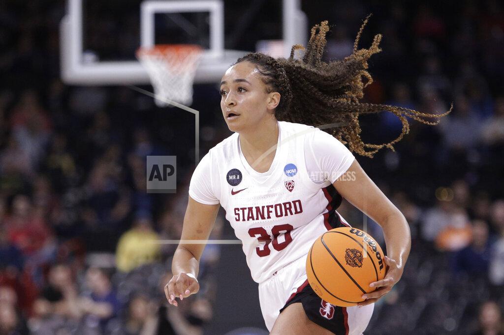 Young Kwak Stanford guard Haley Jones (30) drives to the basket against Maryland during the second half of a college basketball game in the Sweet 16 round of the NCAA tournament, Friday, March 25, 2022, in Spokane, Wash. (AP Photo/Young Kwak)